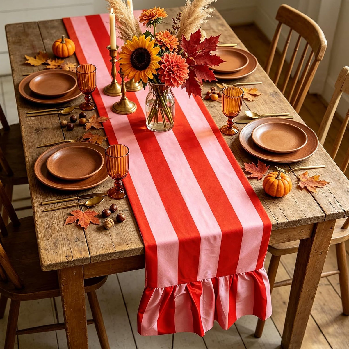 Ruffle Table Runner Striped, Orange Pink, 13 x 72 Inch