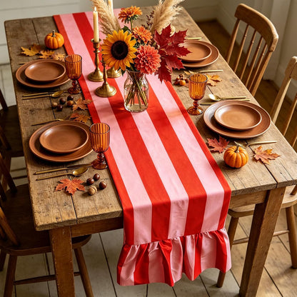 Ruffle Table Runner Striped, Orange Pink, 13 x 72 Inch