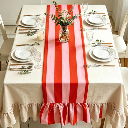 Ruffle Table Runner Striped, Orange Pink, 13 x 72 Inch