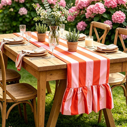 Ruffle Table Runner Striped, Orange Pink, 13 x 72 Inch