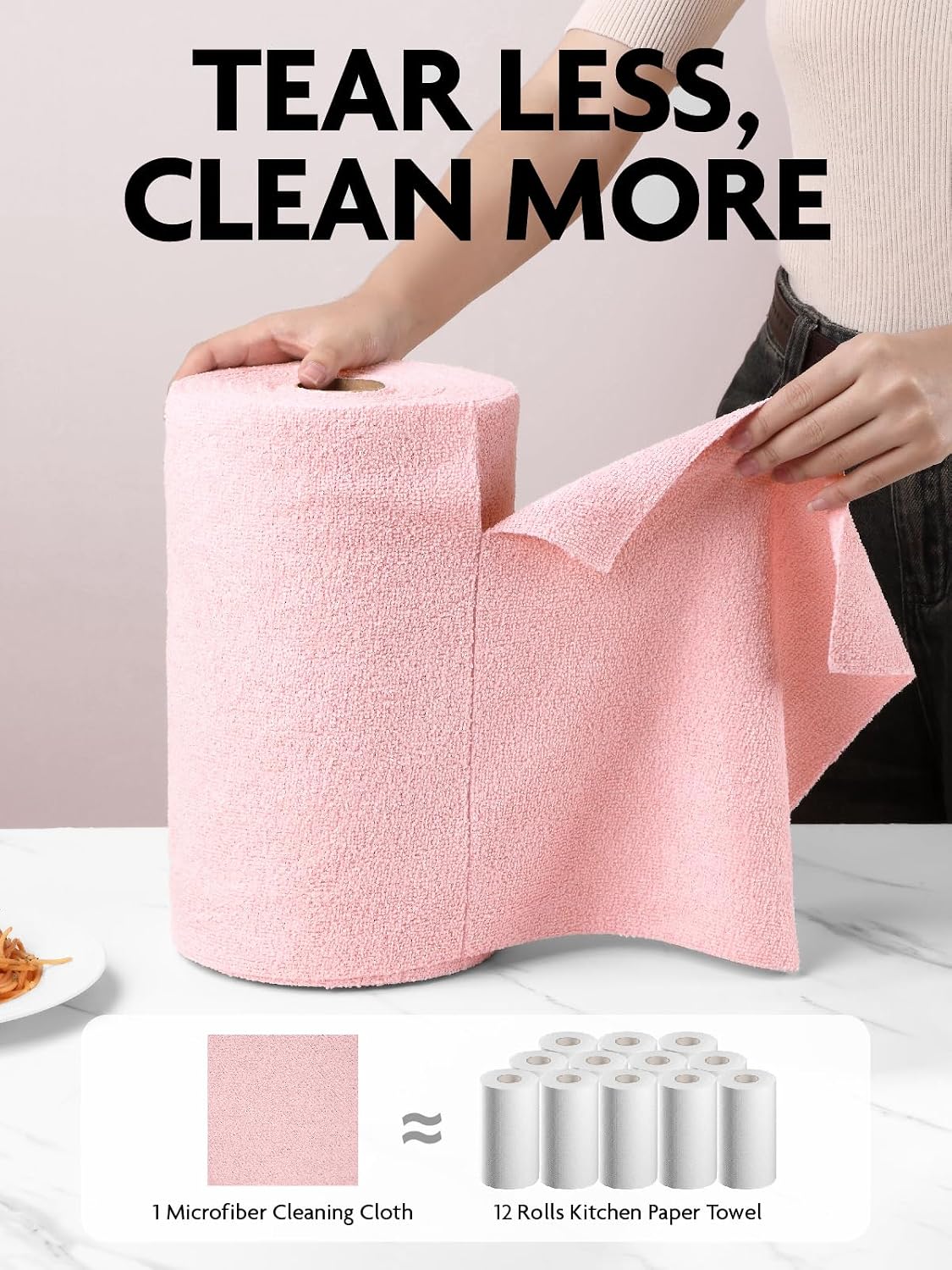 Microfiber Cleaning Cloth Roll- 90 Sheets, 12" x 12" (Pink)