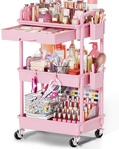 Rolling Makeup Organizer Cart with Removable Drawer, 3 Tier Pink
