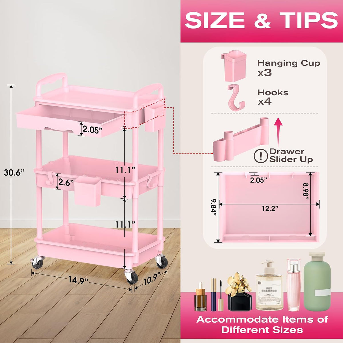 Rolling Makeup Organizer Cart with Removable Drawer, 3 Tier Pink