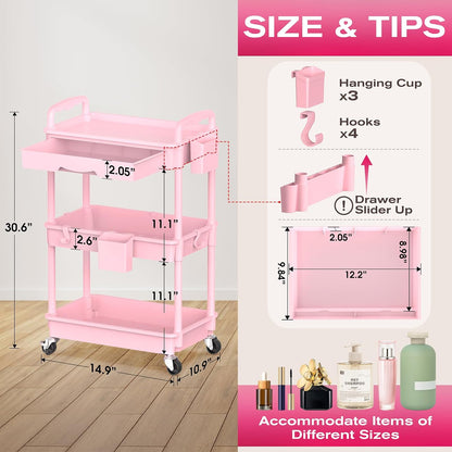 Rolling Makeup Organizer Cart with Removable Drawer, 3 Tier Pink