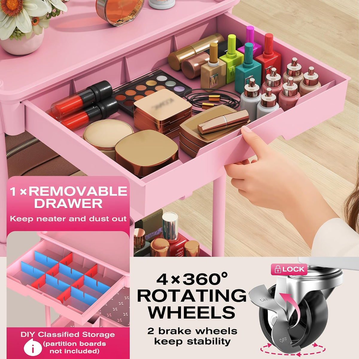 Rolling Makeup Organizer Cart with Removable Drawer, 3 Tier Pink