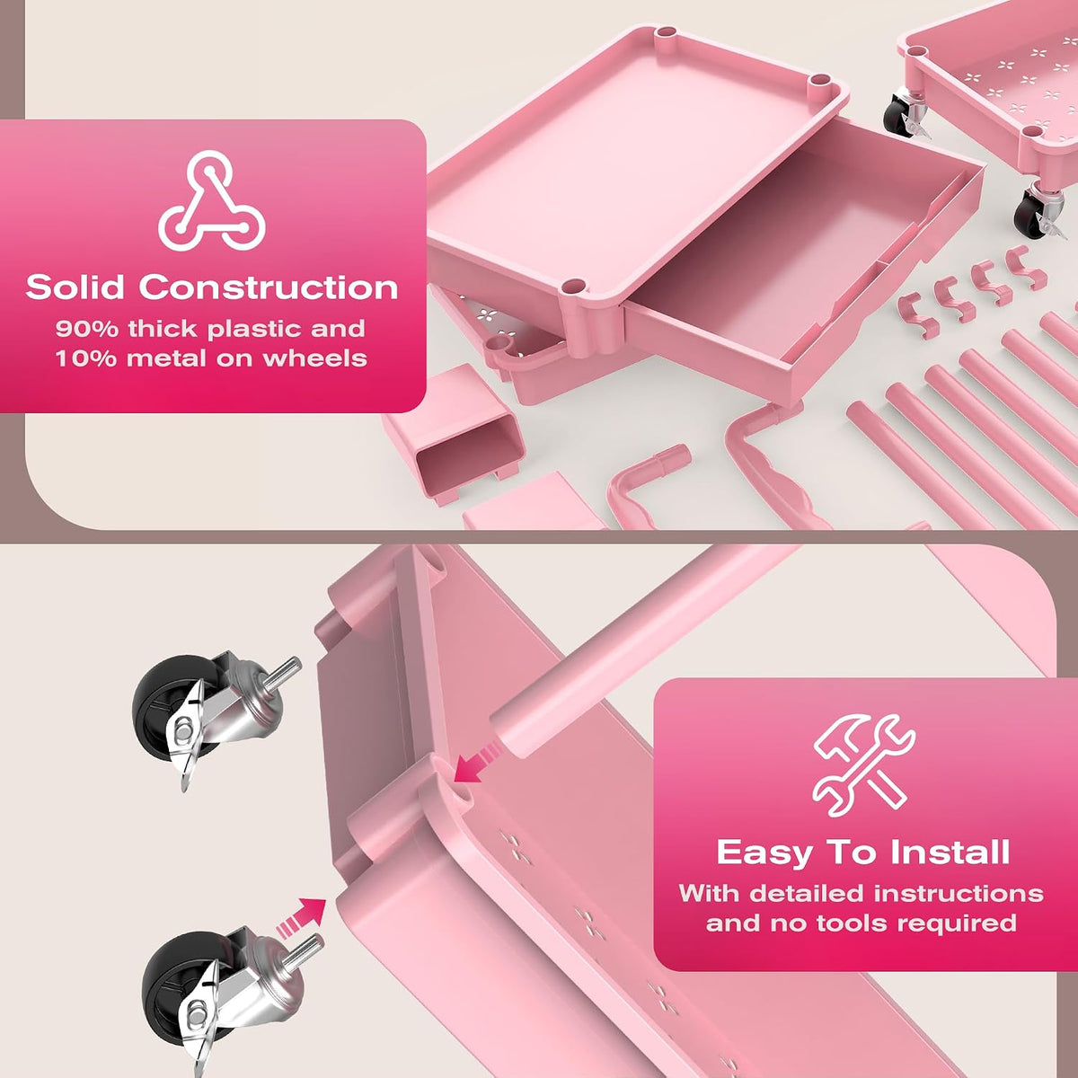 Rolling Makeup Organizer Cart with Removable Drawer, 3 Tier Pink