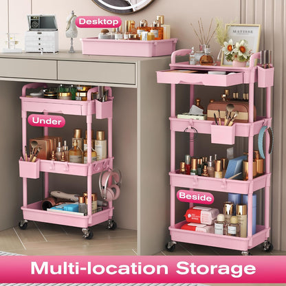 Rolling Makeup Organizer Cart with Removable Drawer, 3 Tier Pink