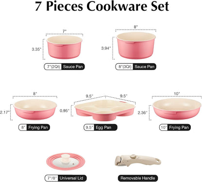 Ceramic Pots and Pans Set Non Stick, 7 Pcs Nonstick Cookware Set with Detachable Handle RV Camping Induction Kitchen Cookware Set Non Stick, PFAS PFOA & PTFE Free