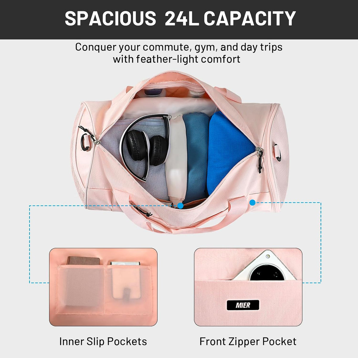 Small Gym Duffle Bag with Shoe Compartment & Wet Pocket, 24L, Pink