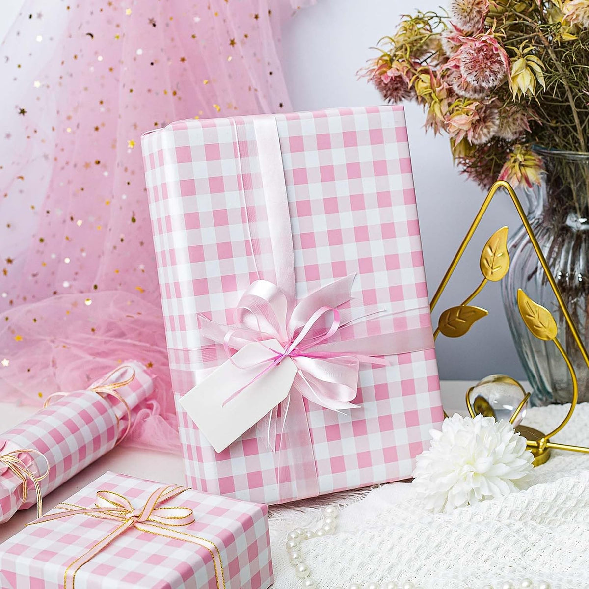 Burymento Pink Checkerboard Wrapping Paper, Gift Wrap for Birthday, Valentines, Mothers day, Graduation, Wedding, Fathers day, Baby Shower, Christmas (17in x 32.8ft)