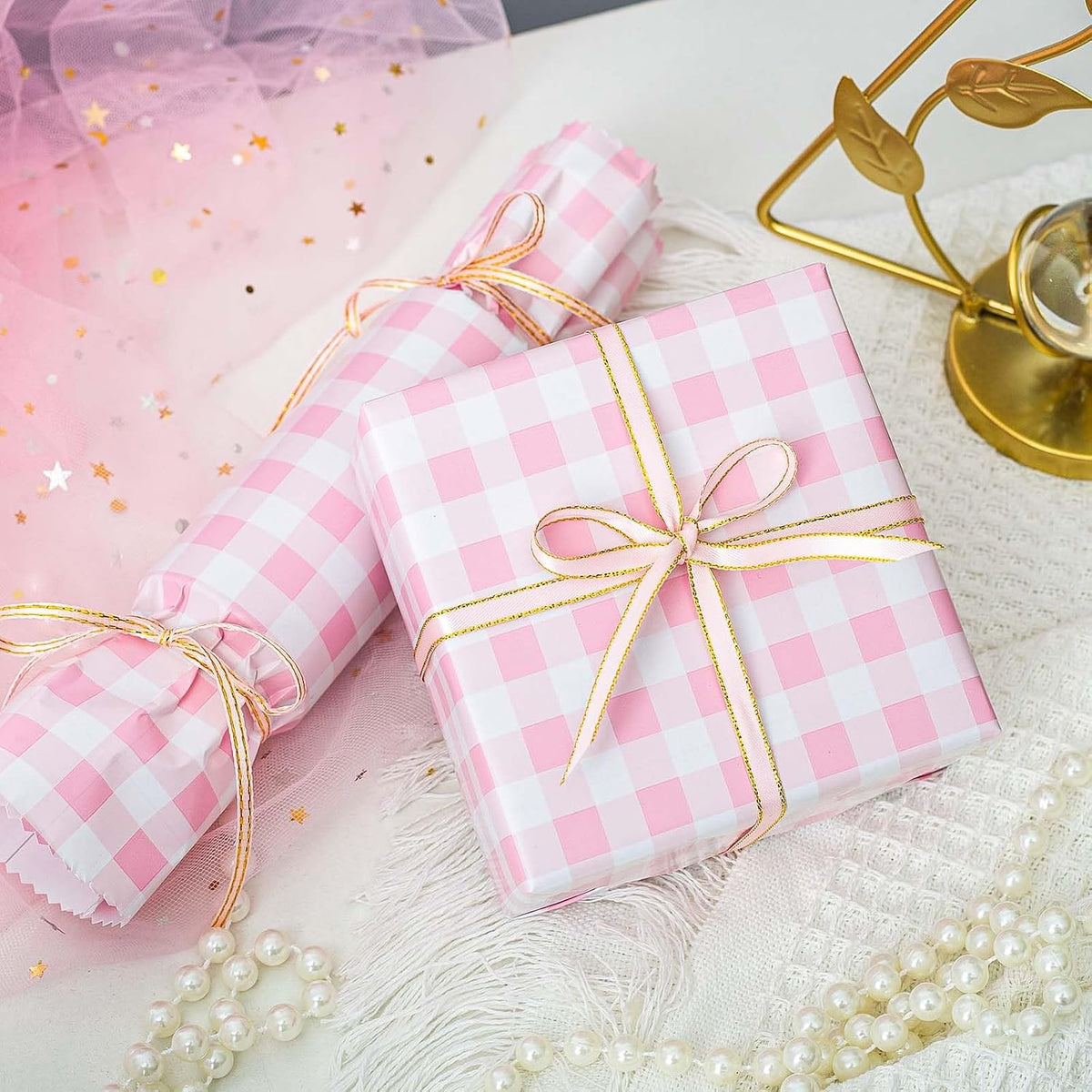 Burymento Pink Checkerboard Wrapping Paper, Gift Wrap for Birthday, Valentines, Mothers day, Graduation, Wedding, Fathers day, Baby Shower, Christmas (17in x 32.8ft)