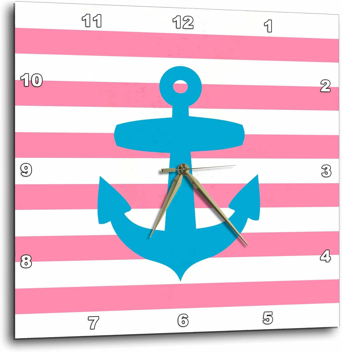 Nautical Light Blue Anchor with Coral red or Pink Sailor Stripes Pattern - French Breton Stripe 13x13 Wall Clock