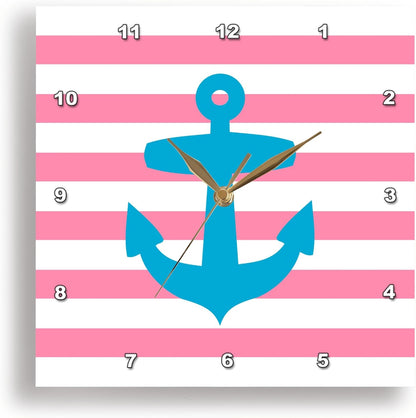 Nautical Light Blue Anchor with Coral red or Pink Sailor Stripes Pattern - French Breton Stripe 13x13 Wall Clock