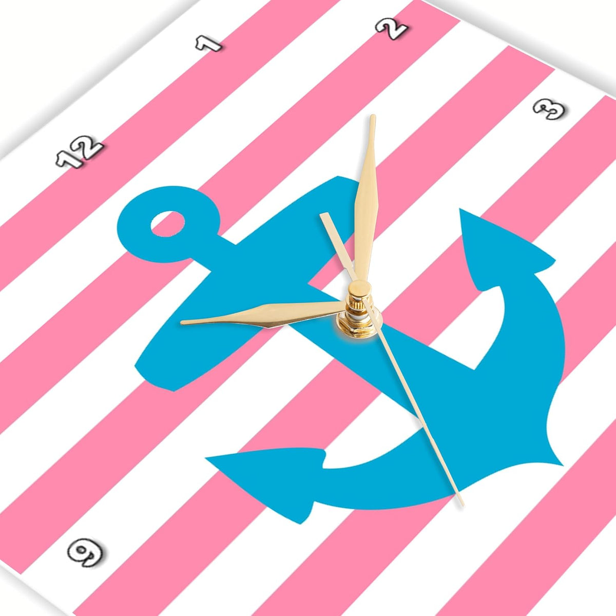 Nautical Light Blue Anchor with Coral red or Pink Sailor Stripes Pattern - French Breton Stripe 13x13 Wall Clock