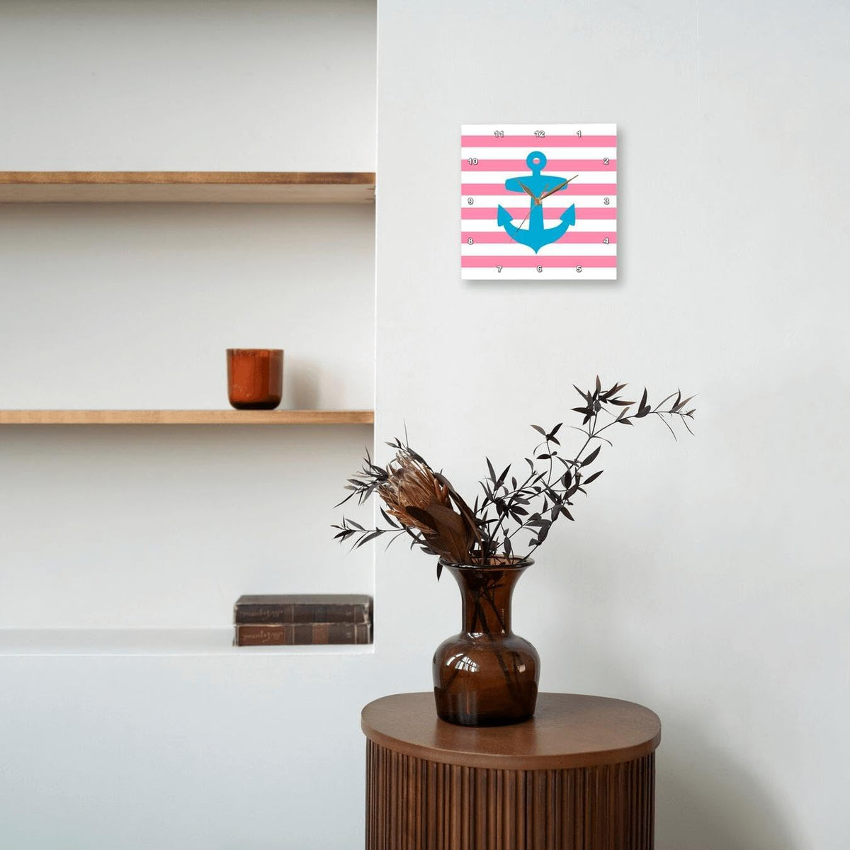 Nautical Light Blue Anchor with Coral red or Pink Sailor Stripes Pattern - French Breton Stripe 13x13 Wall Clock