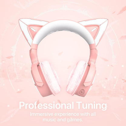RGB Cat Ear Headphone 4, Upgraded Wireless & Wired Gaming Headset with Attachable HD Microphone -Active Noise Reduction, Dual-Channel Stereo & Customizable Lighting and Effect via APP (Pink)