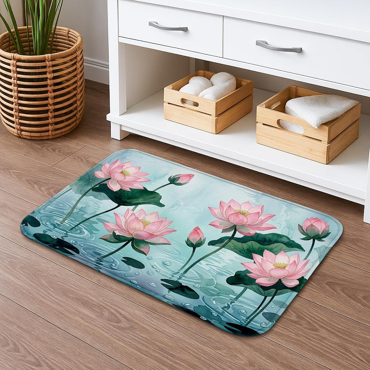 Water Lily Flower Quick Dry Bath Mat, Elegant Peach Floral Absorbent Non Slip Shower Mat, Spring Decorative Flannel Washable Bath Rugs for Bathroom Toilet Restroom 20x32 Inch