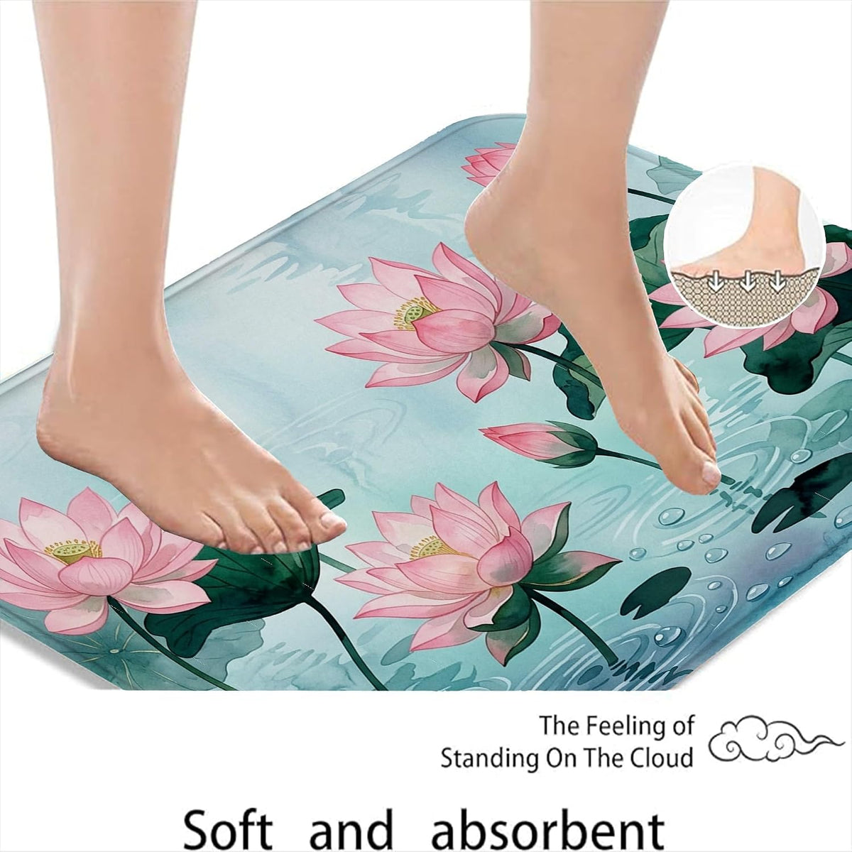 Water Lily Flower Quick Dry Bath Mat, Elegant Peach Floral Absorbent Non Slip Shower Mat, Spring Decorative Flannel Washable Bath Rugs for Bathroom Toilet Restroom 20x32 Inch