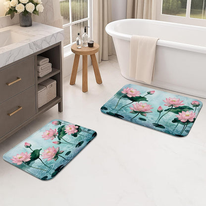 Water Lily Flower Quick Dry Bath Mat, Elegant Peach Floral Absorbent Non Slip Shower Mat, Spring Decorative Flannel Washable Bath Rugs for Bathroom Toilet Restroom 20x32 Inch