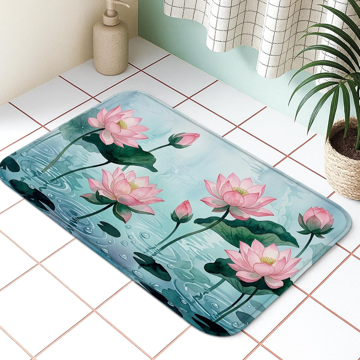 Water Lily Flower Quick Dry Bath Mat, Elegant Peach Floral Absorbent Non Slip Shower Mat, Spring Decorative Flannel Washable Bath Rugs for Bathroom Toilet Restroom 20x32 Inch