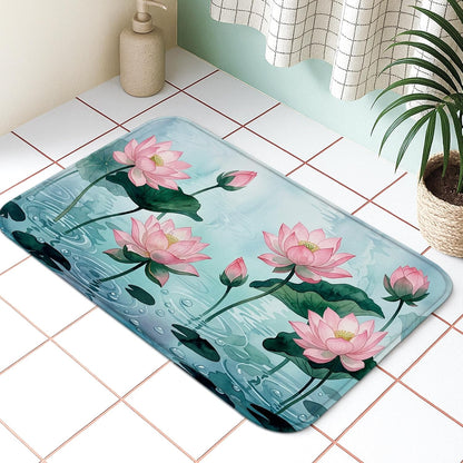 Water Lily Flower Quick Dry Bath Mat, Elegant Peach Floral Absorbent Non Slip Shower Mat, Spring Decorative Flannel Washable Bath Rugs for Bathroom Toilet Restroom 20x32 Inch