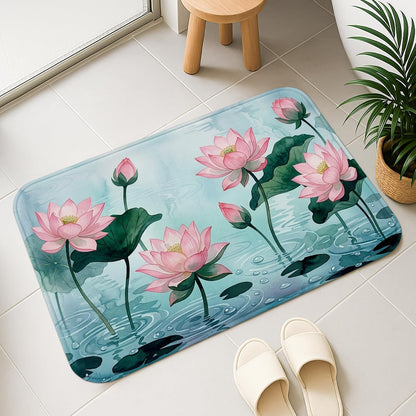 Water Lily Flower Quick Dry Bath Mat, Elegant Peach Floral Absorbent Non Slip Shower Mat, Spring Decorative Flannel Washable Bath Rugs for Bathroom Toilet Restroom 20x32 Inch