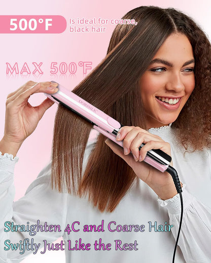 500 Degree High Temp Professional Hair Straightener，30s Fast Heating Ceramic Flat Iron ，2 in 1 Hair Straightener and Curler，Plasma Flat Iron Get Frizz-Free and Shiny(Pink)
