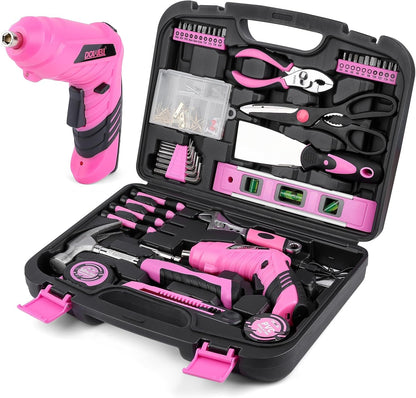 Pink Tool Set with 3.6V Cordless Screwdriver Tool Kit, 143 Pcs