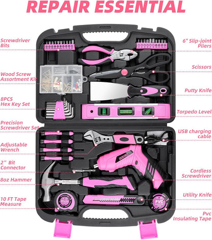 Pink Tool Set with 3.6V Cordless Screwdriver Tool Kit, 143 Pcs