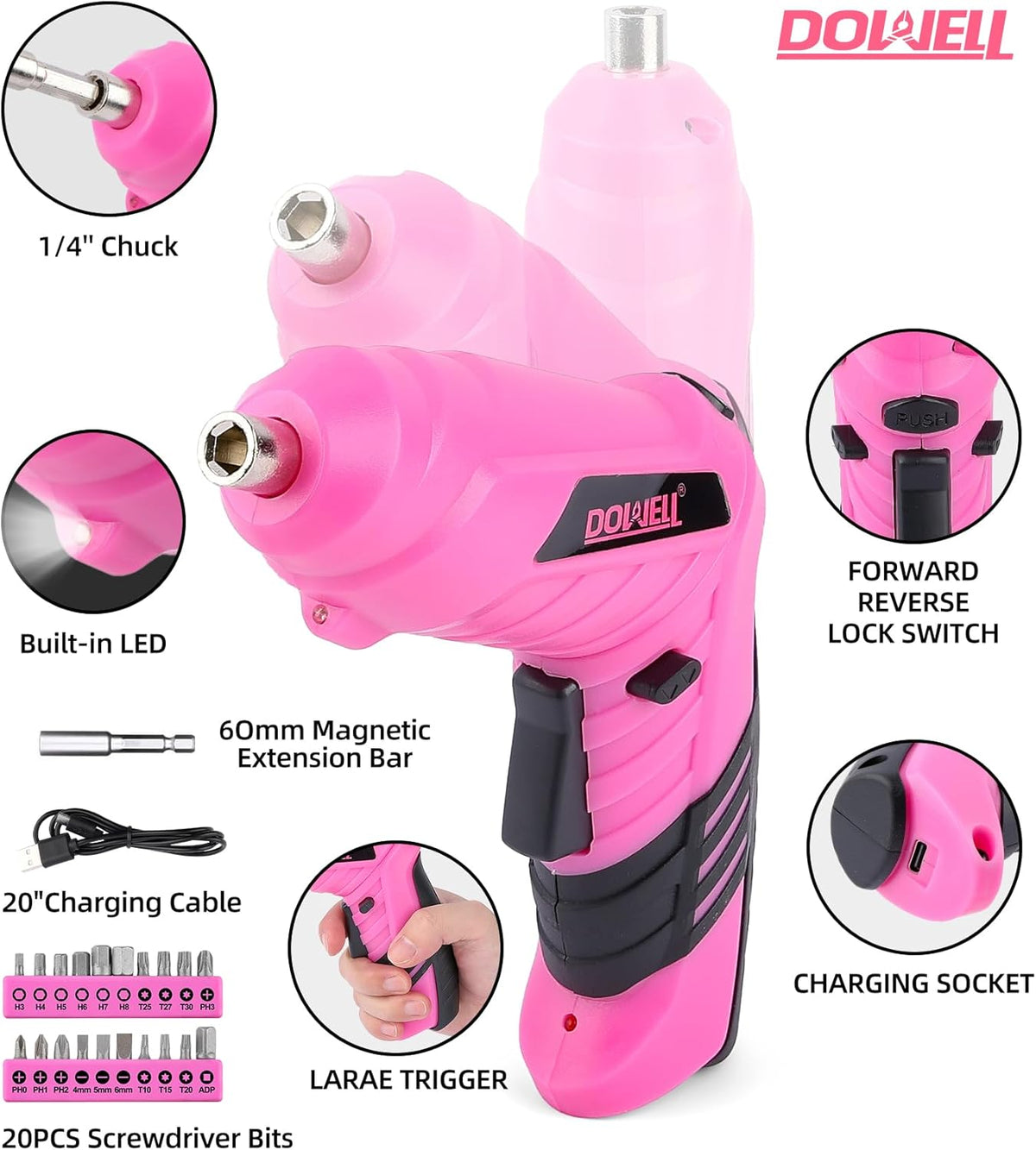 Pink Tool Set with 3.6V Cordless Screwdriver Tool Kit, 143 Pcs