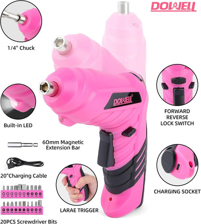 Pink Tool Set with 3.6V Cordless Screwdriver Tool Kit, 143 Pcs