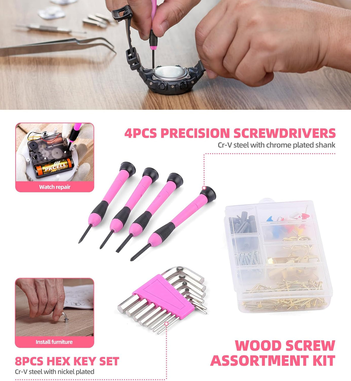 Pink Tool Set with 3.6V Cordless Screwdriver Tool Kit, 143 Pcs