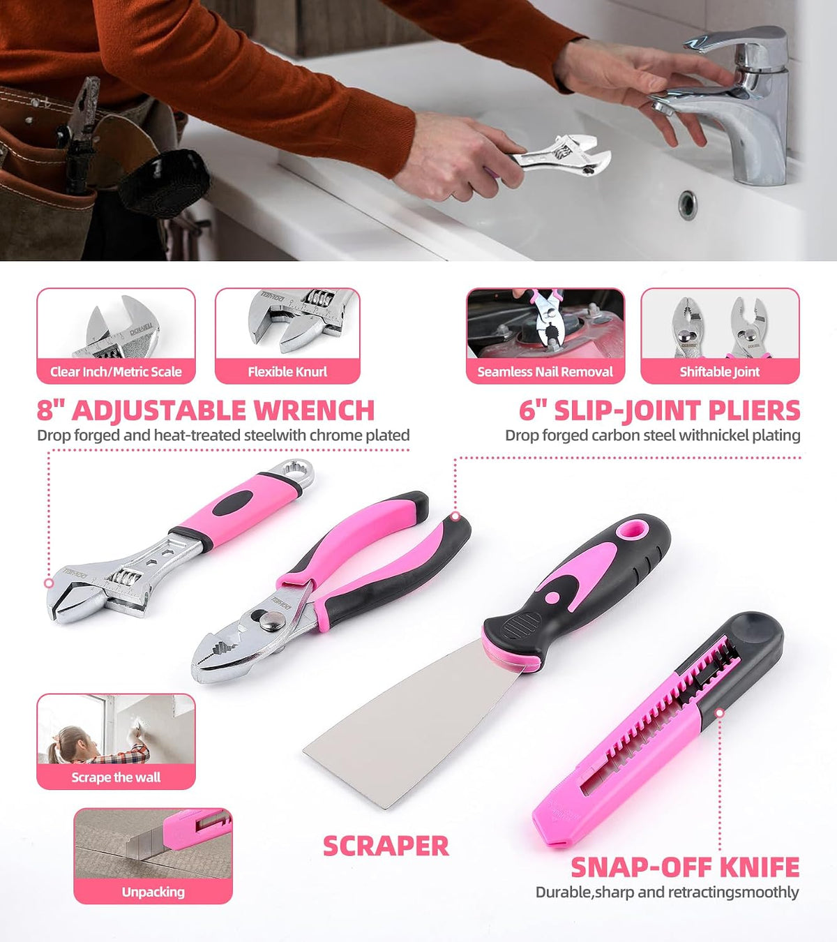 Pink Tool Set with 3.6V Cordless Screwdriver Tool Kit, 143 Pcs