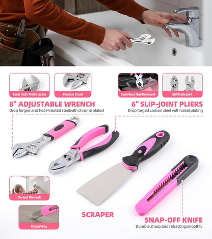 Pink Tool Set with 3.6V Cordless Screwdriver Tool Kit, 143 Pcs