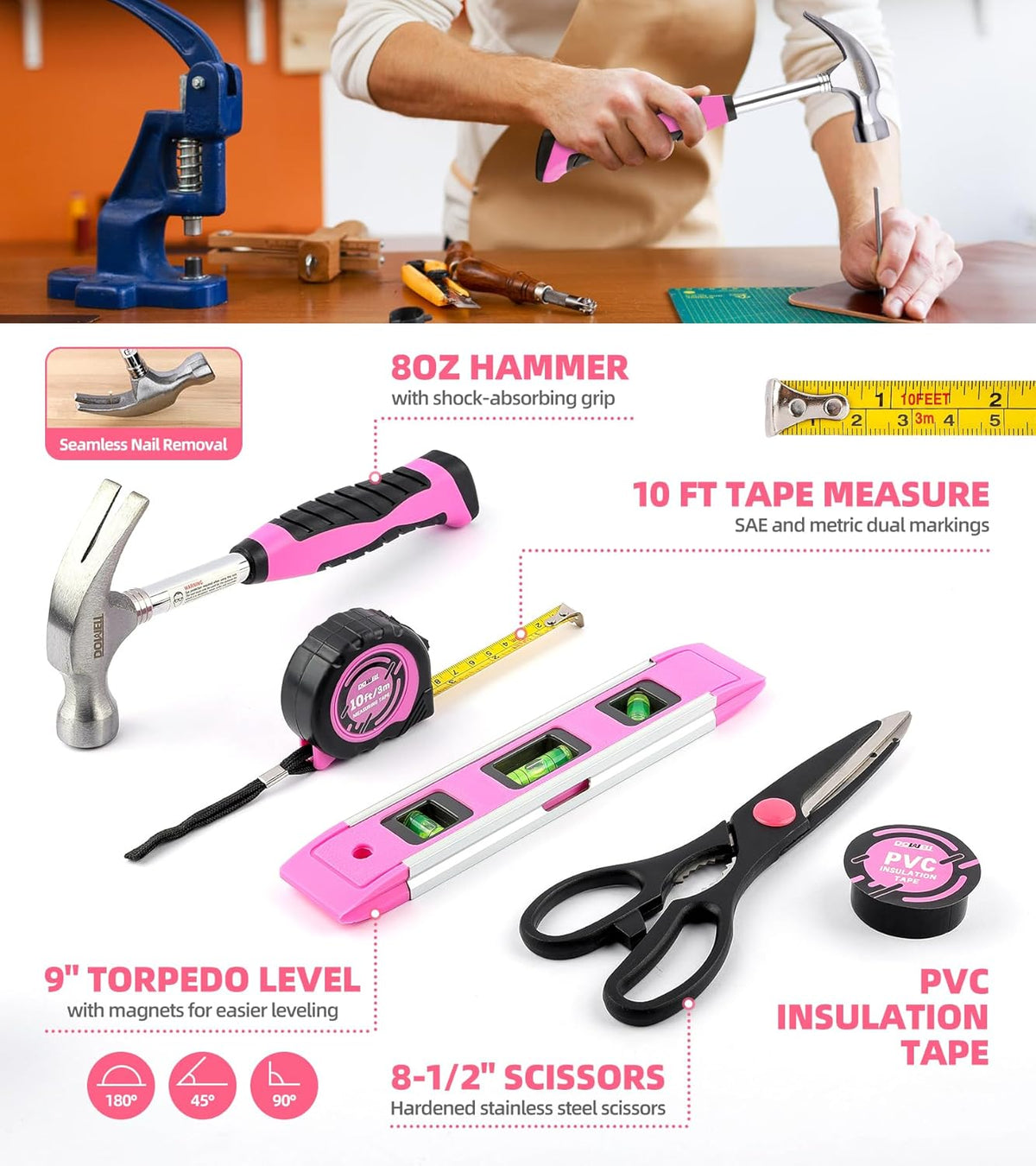 Pink Tool Set with 3.6V Cordless Screwdriver Tool Kit, 143 Pcs