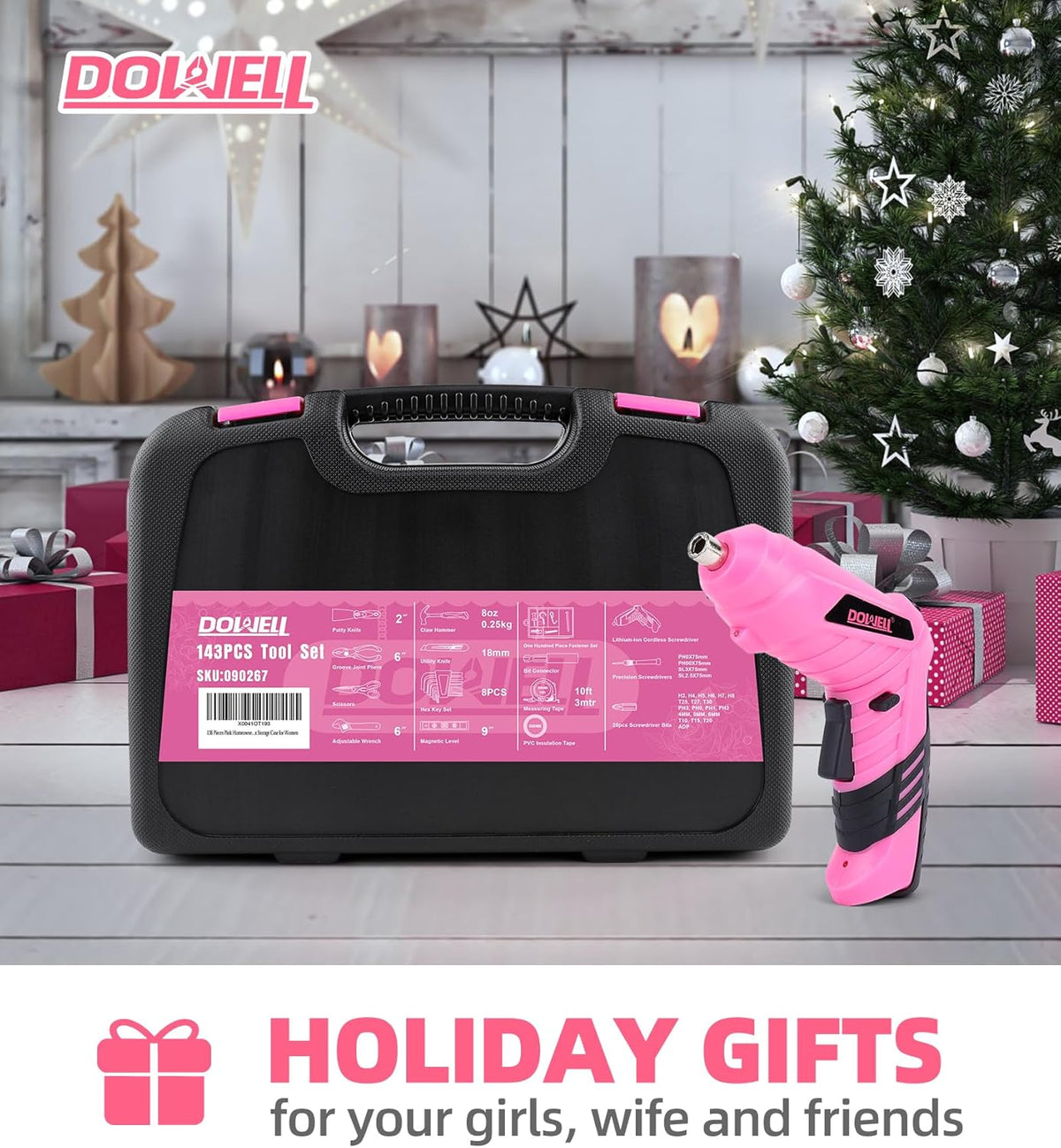 Pink Tool Set with 3.6V Cordless Screwdriver Tool Kit, 143 Pcs