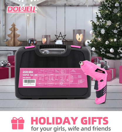 Pink Tool Set with 3.6V Cordless Screwdriver Tool Kit, 143 Pcs