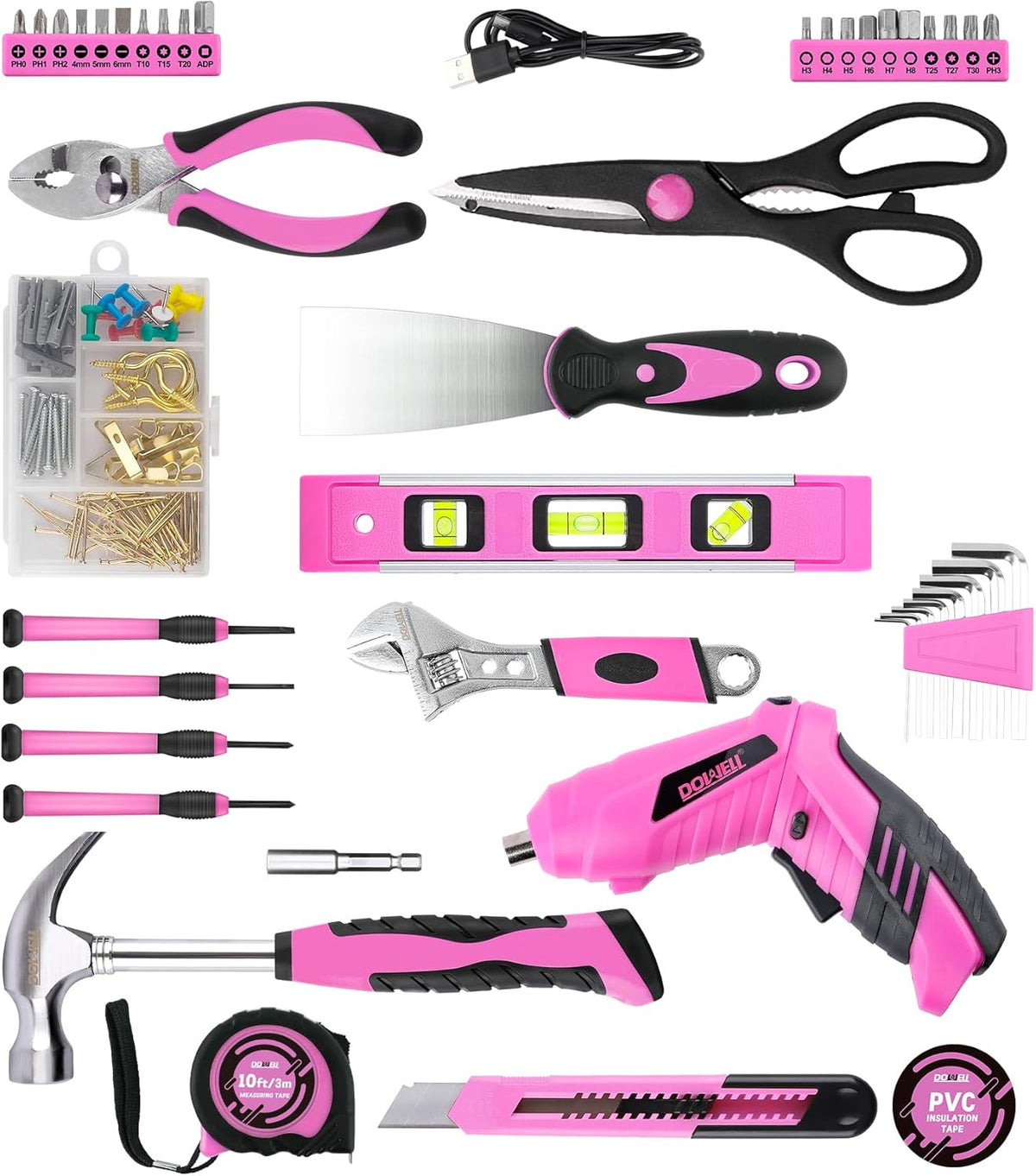 Pink Tool Set with 3.6V Cordless Screwdriver Tool Kit, 143 Pcs