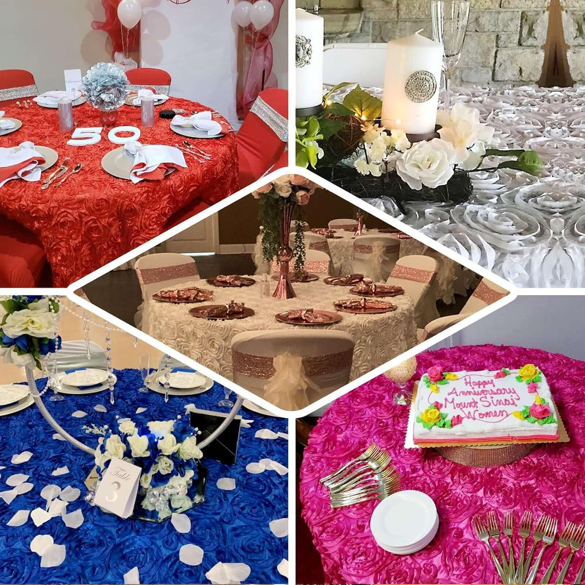 120" Wholesale Round Table Cover Pink Grandiose Rosette 3D Satin Tablecloth for Wedding Party Event Decoration