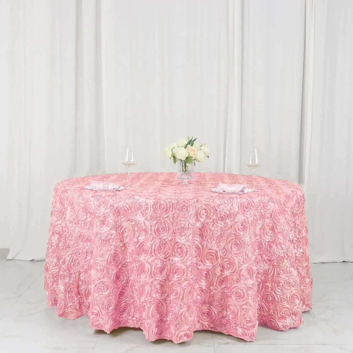 120" Wholesale Round Table Cover Pink Grandiose Rosette 3D Satin Tablecloth for Wedding Party Event Decoration