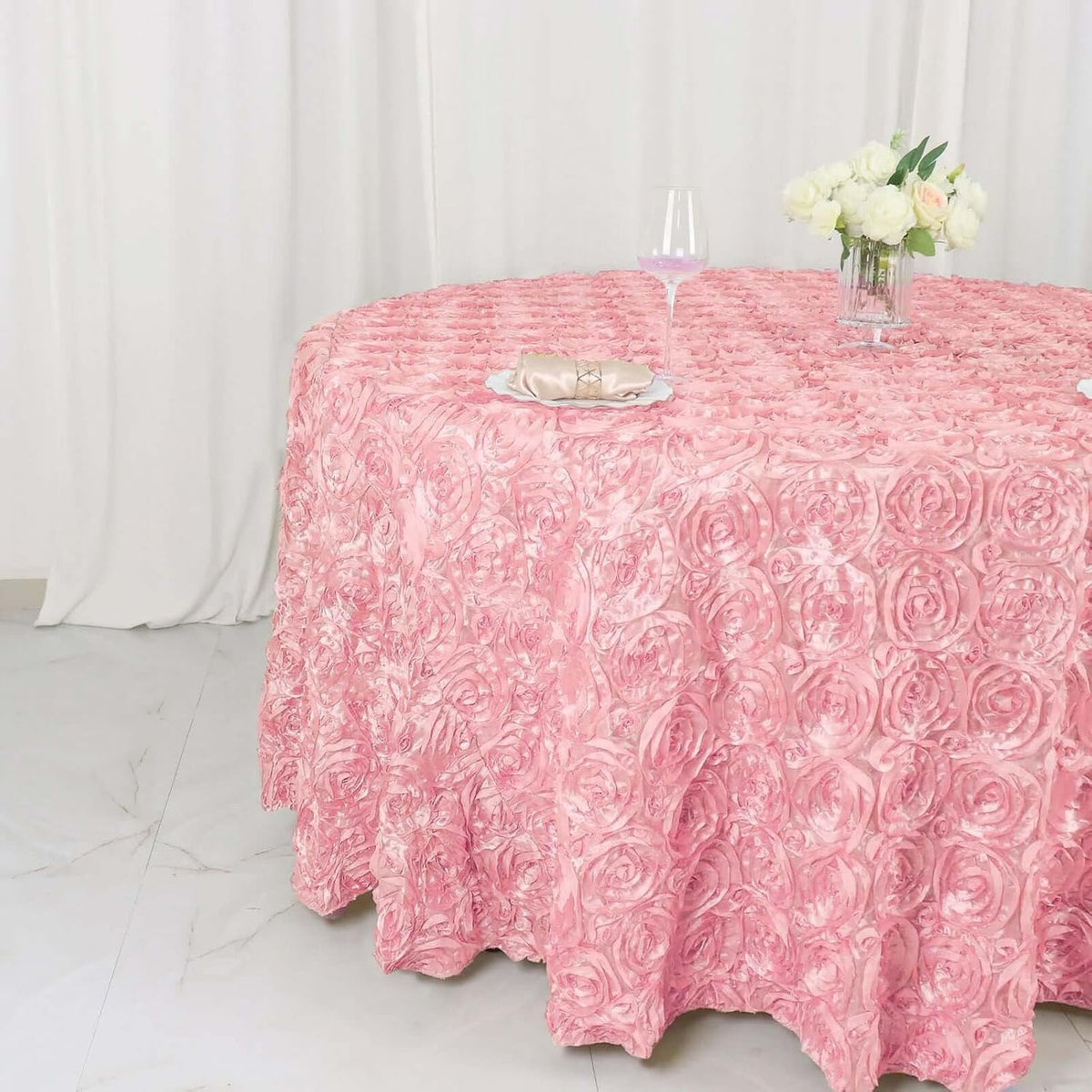120" Wholesale Round Table Cover Pink Grandiose Rosette 3D Satin Tablecloth for Wedding Party Event Decoration