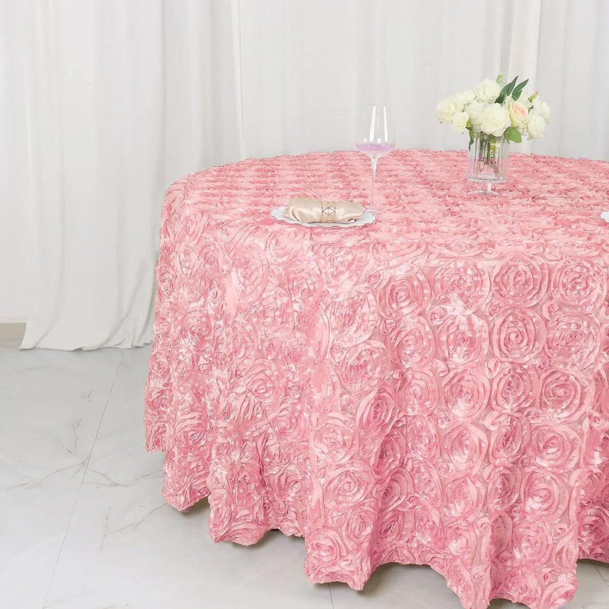 120" Wholesale Round Table Cover Pink Grandiose Rosette 3D Satin Tablecloth for Wedding Party Event Decoration