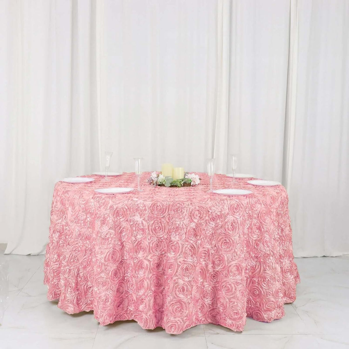 120" Wholesale Round Table Cover Pink Grandiose Rosette 3D Satin Tablecloth for Wedding Party Event Decoration