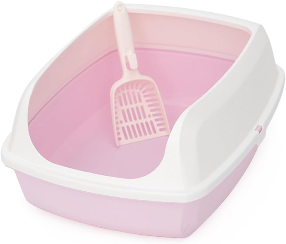 Open Top Cat Litter Box - Anti-Splashing High Sides Pet Litter Tray for Indoor Cats - 19.8" L x 14.7" W x 7.6" H(Pink)