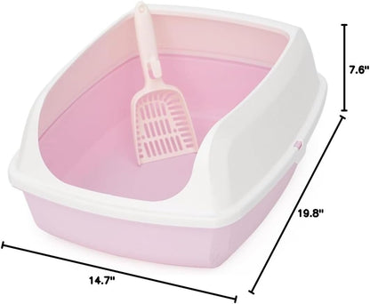 Open Top Cat Litter Box - Anti-Splashing High Sides Pet Litter Tray for Indoor Cats - 19.8" L x 14.7" W x 7.6" H(Pink)