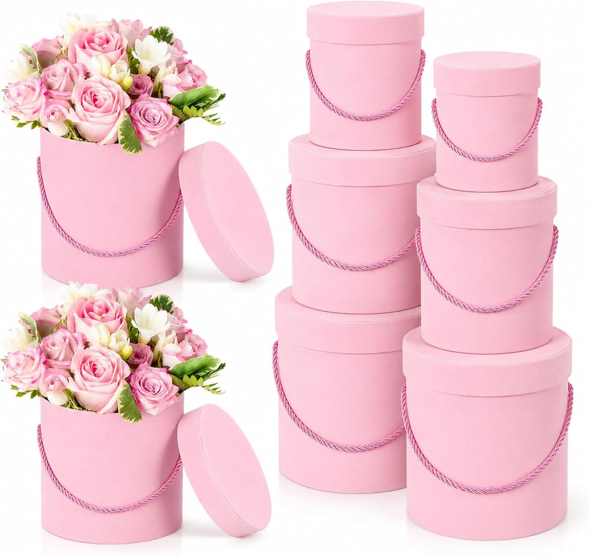 6 Pcs Velvet Round Flower Box with Lids Velvet Nesting Gifts Box with Handle for Wedding Holiday Luxury Mother's Day Flower Gift Arrangement Bridesmaid Birthday Party Favor(Pink)