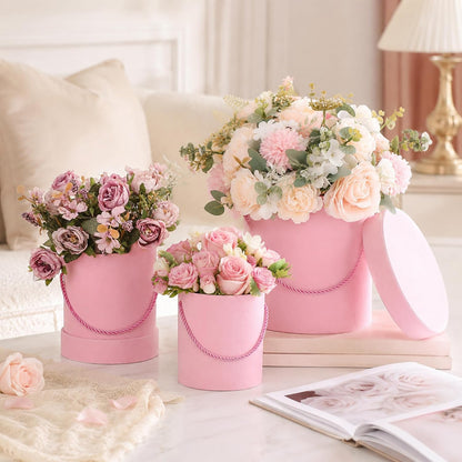 6 Pcs Velvet Round Flower Box with Lids Velvet Nesting Gifts Box with Handle for Wedding Holiday Luxury Mother's Day Flower Gift Arrangement Bridesmaid Birthday Party Favor(Pink)