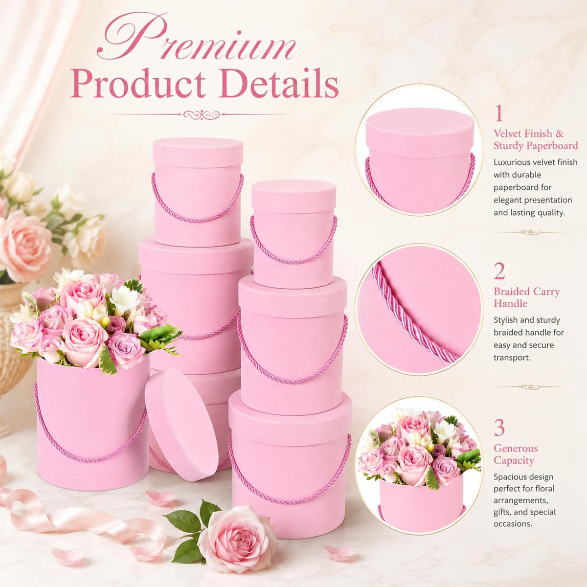 6 Pcs Velvet Round Flower Box with Lids Velvet Nesting Gifts Box with Handle for Wedding Holiday Luxury Mother's Day Flower Gift Arrangement Bridesmaid Birthday Party Favor(Pink)