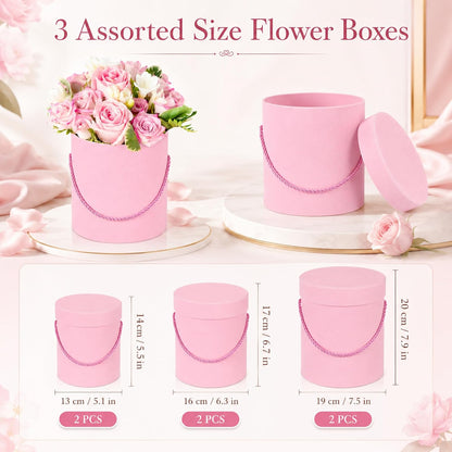 6 Pcs Velvet Round Flower Box with Lids Velvet Nesting Gifts Box with Handle for Wedding Holiday Luxury Mother's Day Flower Gift Arrangement Bridesmaid Birthday Party Favor(Pink)