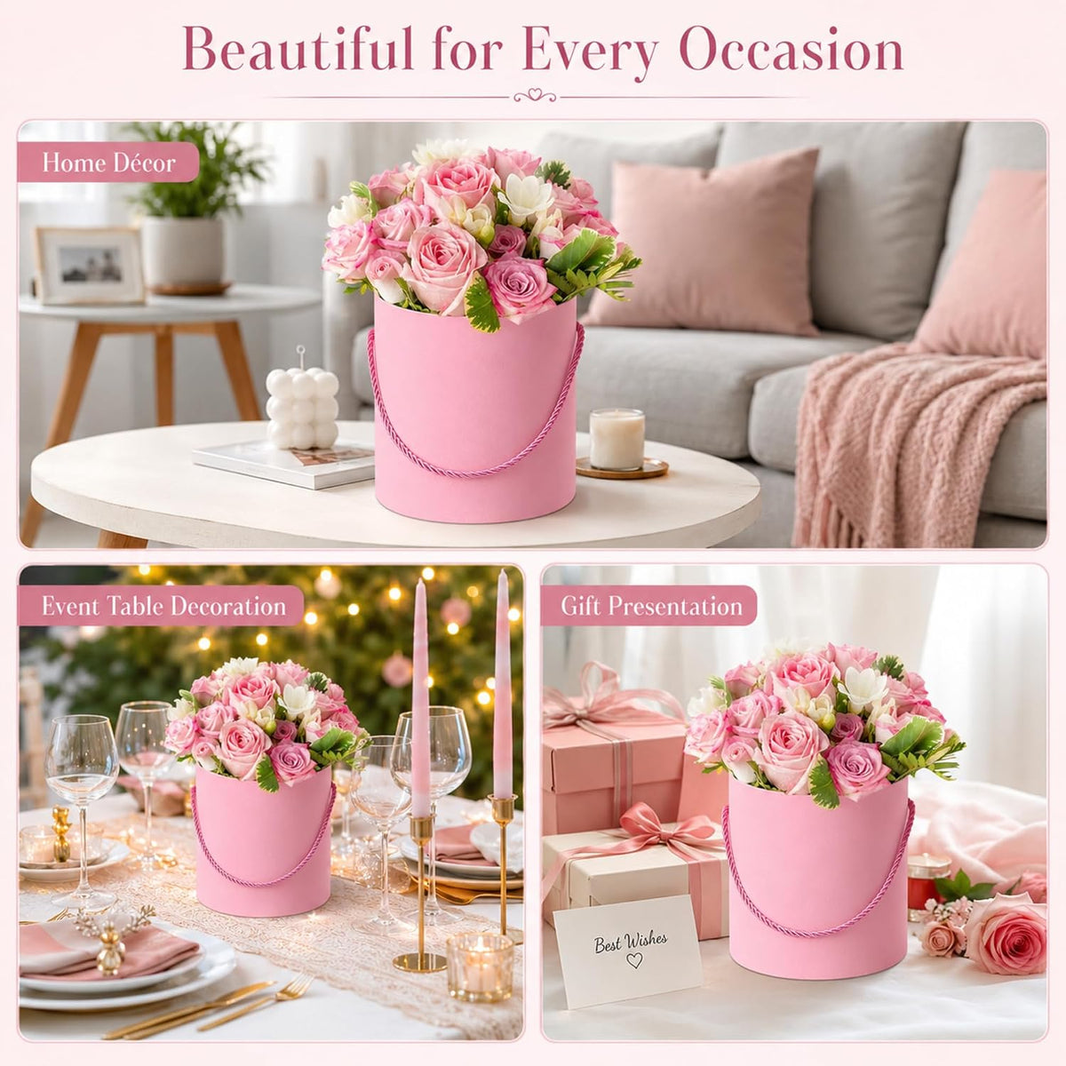 6 Pcs Velvet Round Flower Box with Lids Velvet Nesting Gifts Box with Handle for Wedding Holiday Luxury Mother's Day Flower Gift Arrangement Bridesmaid Birthday Party Favor(Pink)